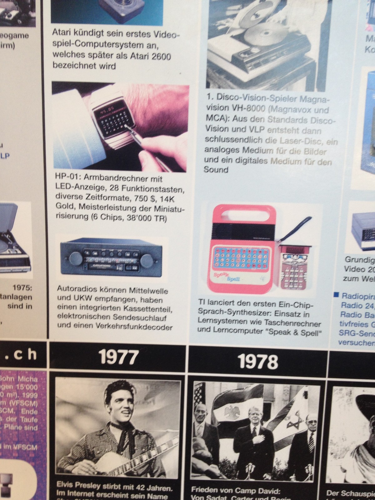 1977 als Elvis Presley starb, lancierte HP bereits eine Smartwatch und ist wohl erster Wegbereiter für die smarte Uhr von Apple. 1978 lanciert Texas Instruments die ersten Lerncomputer zu einer Zeit, in der der Friedensvertrag in Camp David unterzeichnet wird.